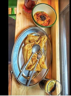 Moroccan  layered Flat bread with Carrot Hoummous at Beldi in Mallorca