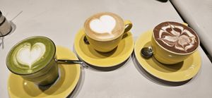 Coconut Matcha, Cinammon latte, Coconut hot chocolate at Flow  in Dubai