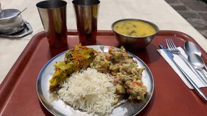 Daily menu with soup, rice, curry and vegetables pie at O Oriente no Porto in Porto