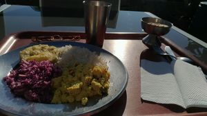 tofu, cabbage salad, fried eggplant and rice, with tea and mango dessert at O Oriente no Porto in Porto