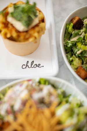 Summer Corn Mac, Kale Caesar Salad, and Quinoa Taco Salad at chloe in New York City