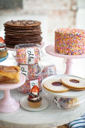 Cinnamon Espresso Cookies, Chocolate Sprinkle Cake, Cinnamon Roll, Chocolate Strawberry Cupcake, and Raspberry Shortbread Cookies at chloe in New York City