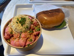 Beet mac+cheese and classic burger at chloe in New York City