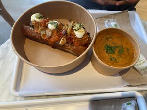 Italian "meatball" sub and tomato soup at chloe in New York City