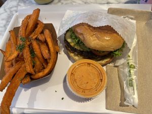 Classic Burger with sweet potato fries.   at chloe in New York City