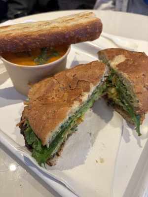 Guac burger and tomato soupp  at chloe in New York City