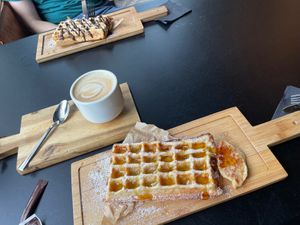 Vegan waffles and oat Cappuccino  at Geeske & Der Swarte Roelf in Borkum