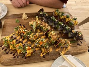 Sushi rolls - mango, crab, dragon roll and unagi aubergine. Our favourite was the unagi aubergine, absolutely amazing!!   at Ima in London