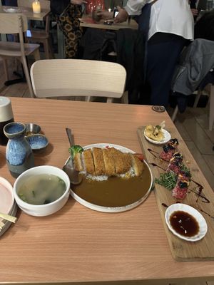 Miso soup, “chicken” katsu curry, black miso “cod” sushi roll  at Ima in London