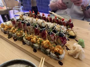 Spicy sundried tomato tuna, Snow hiratake mushroom tempura, mistletoe miso tempura black cod, konnyaku salmon tartare   at Ima in London