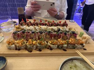 Spicy sundried tomato tuna, Snow hiratake mushroom tempura, mistletoe miso tempura black cod, konnyaku salmon tartare   at Ima in London
