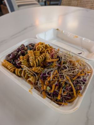 Bean salad, Pasta salad, Mung bean noodle + soy curls at Tastoria Kitchen - Food Stand in Oshawa