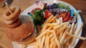Soya burger and chips at Teatime Collective in Manchester