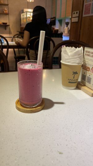 Pink dragon fruit smoothie   at iVegan Supershop Nha Trang - Healthy Plant Based Cafe in Nha Trang