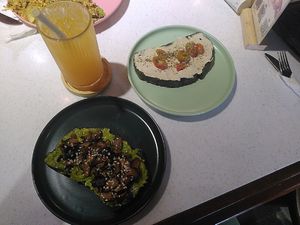 avocado+mushroom toast, orange juice, cream cheese toast at iVegan Supershop Nha Trang - Healthy Plant Based Cafe in Nha Trang