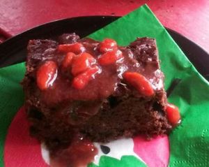 chocolate-carob brownie with goji sauce at Vegan Bar in Bratislava