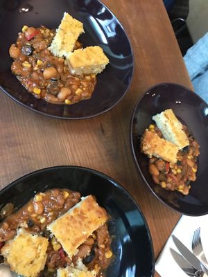 Chilli with corn bread  at Vegan Bar in Bratislava