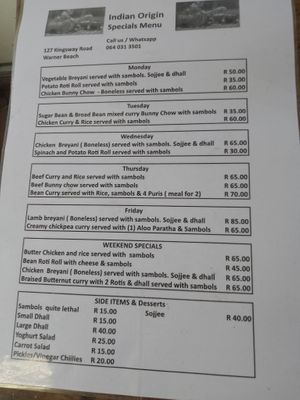 Specials menu at Indian Origin in Kingsburgh
