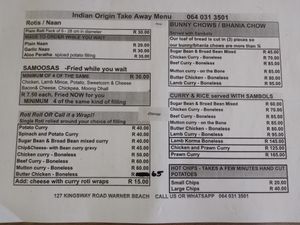 Take away menu at Indian Origin in Kingsburgh