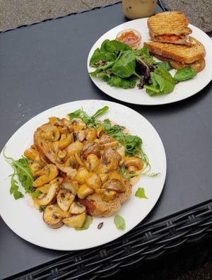 Creamy marmite mushrooms (left) and a vegan cheese and tomato toastie with chutney. at Old School Cafe in Bury St Edmunds
