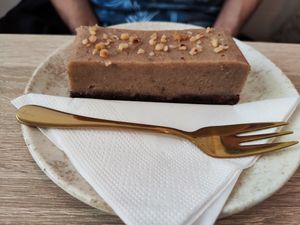 Salted caramel raw cake at Naturella in Zurich
