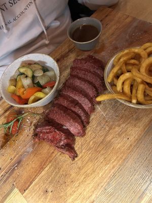 Vegan 300g steak, curly fries, veggies, gravy  at The ASH  in Bochum