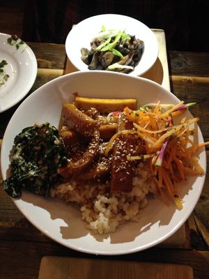 Tofu rice bowl with mushrooms.  at Solfeggio in Pemberton