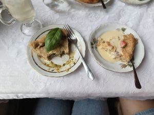 Savory spinach-vegan cheese pie, sweet apple pie at Cafe Qwensel in Turku