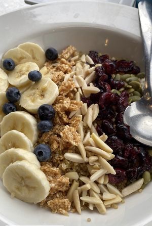 Vegan quinoa cereal with coconut milk poured onto after this photo.  at Zephyr Cafe in Squamish