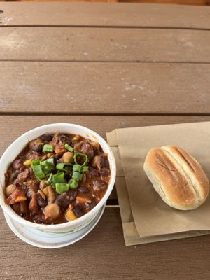 Vegan Chili and roll  at Zephyr Cafe in Squamish