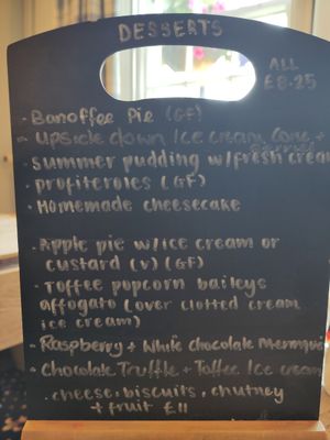 Puddings board, June 2025. The apple pie is vegan; just ask for plant-based ice-cream or custard. at The Raven Inn in Devizes