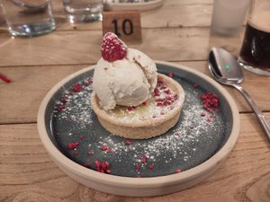 Lemon tart with vegan ice-cream at The Raven Inn in Devizes