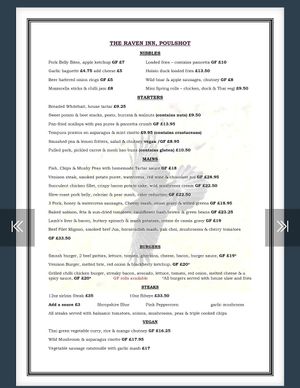 Menu October 2025. Worth asking if there are any vegan specials because there was a Mediterranean vegetable tart and a vegan Wellington not listed on the menu when we asked. at The Raven Inn in Devizes