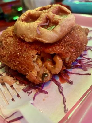 Mac n cheese burger (teensy burger roll about the size of your palm with a giant mac n cheese patty)- this has a bit of a spicy kick   at BUFFALO TraP BAR in Bangkok