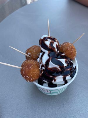Soft serve with chocolate sauce and fritule   at Jaya in Tucepi