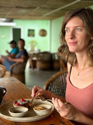 Enjoying gluten free pancakes with stunning view. at Lumuma in Pokhara