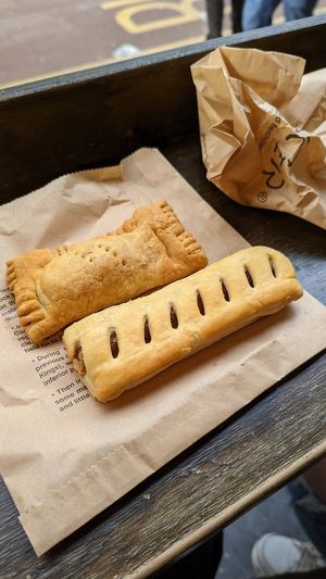 Vegan haggis roll to the left and vegan sausage roll to the right   at The Piemaker in Edinburgh