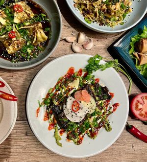 Oki with mushrooms at Fudeboy Kitchen in Tytherington