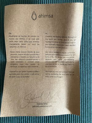 Ahimsa belt note at avesu in Berlin