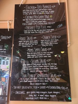 Tofu burrito, sesame Salad, thai peanut noodle salad, at Freshies Maui in Makawao