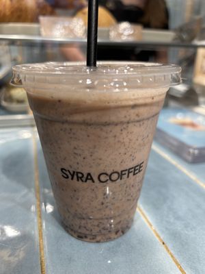 Iced hot chocolate after stirring   at Syra Coffee in San Sebastian