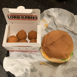 Chicken burger and mac & cheese balls at Lord of the Fries in Sydney