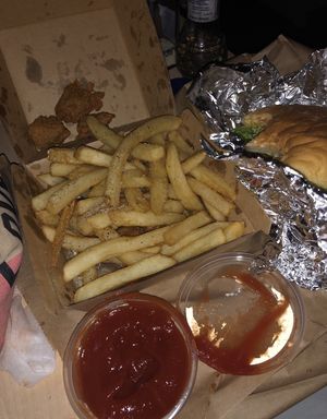 Fries, popcorn chicken, and burger  at Lord of the Fries in Sydney