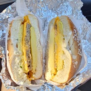 Vegan salt bagel sandwich at Gables Bagels in Bloomington