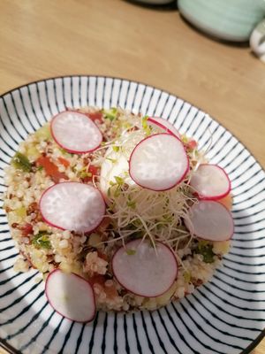 Taboulé au thé citronné, Petits légumes du jardin, Copaux de Radis, Œuf Mollet et pousse de Moutarde. at Chabana in Narbonne