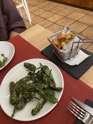 Pimientos del padrón + tempura. Forgot to take pics of the burger  at Pa amb Tomàquet i in Calella