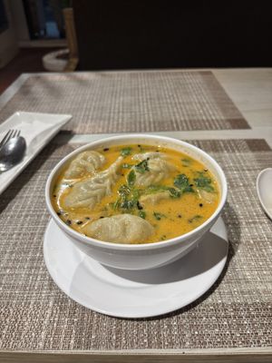 Hot and spicy Momo soup  at Himalayan Vegan Restaurant in Kathmandu