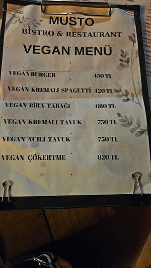 Labeled Vegan menu at Musto Bistro ve Restaurant in Bodrum