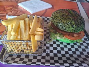 Vegan soy burger with chips at Doctor Burger in Tenerife