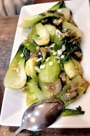 Pak choi with mushrooms at Karamay Uyghur Cuisine in Leicester